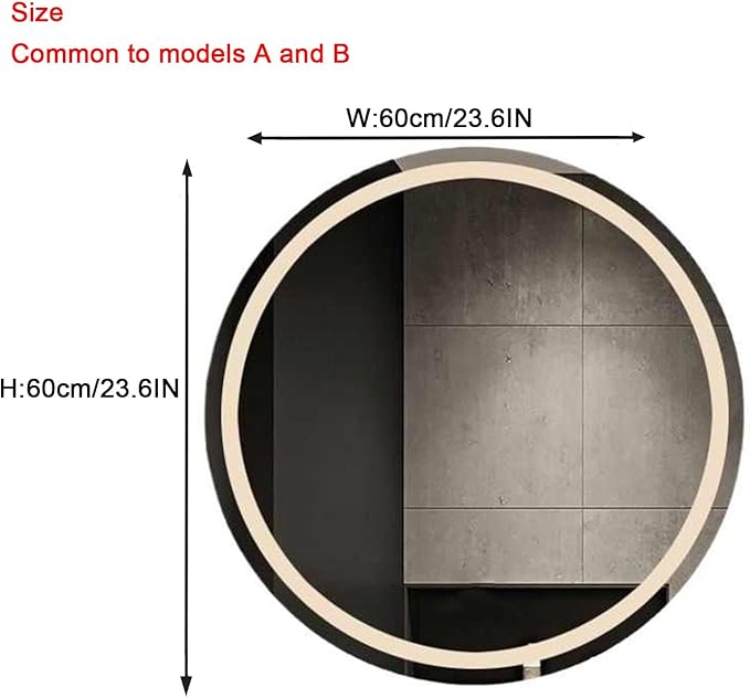 Round Bathroom Mirror with LED Lights and Demister,Round LED Bathroom Mirror with Light,Large Circle Mirror Backlit + Front Light,3 Colors Dimmable/Demister Pad(B,H60*W60cm/H23.6*W23.6IN)