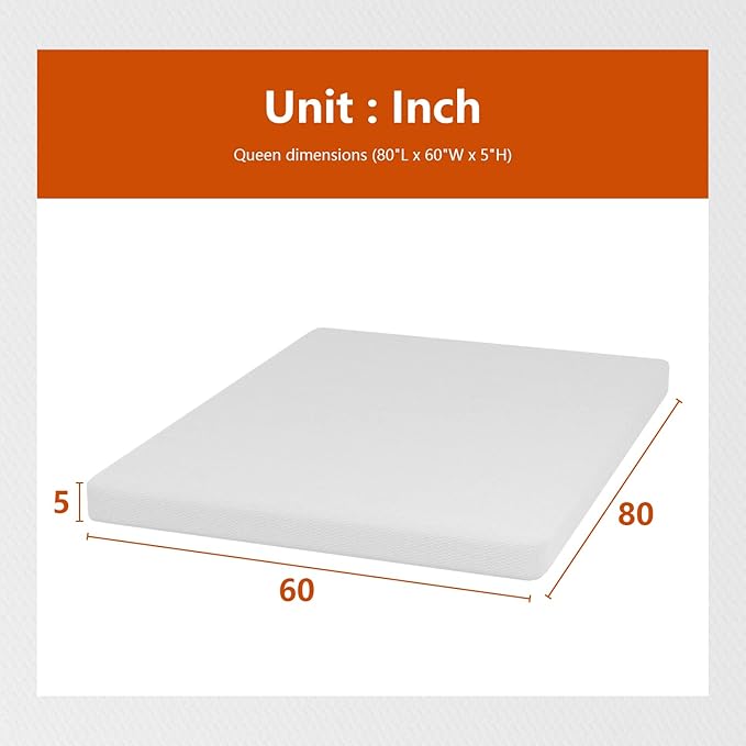5 Inch Memory Foam Mattress Medium Firm Mattresses CertiPUR-US Certified Bed-in-a-Box Pressure Relieving Queen Size,Fiberglass Free,White