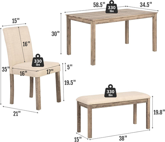 Zevemomo 6-Piece Solid Wood Dining Table Set, Including 1 Dining Table, 4 Upholstered Chairs and 1 Bench, Dining Table Sets for 6, Wooden Legs Table Set for Dining Room, Kitchen, Brown