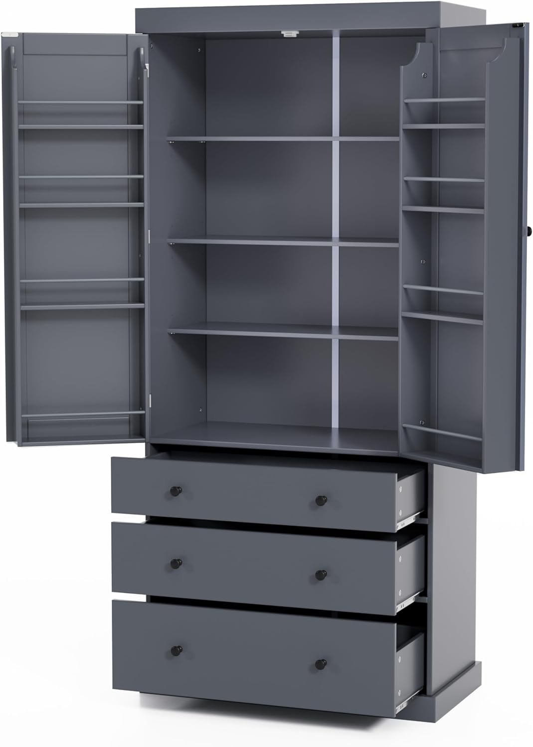 77" Tall Kitchen Pantry Cabinet with 3 Drawers, Large Wooden Kitchen Organizers Storage Cabinet Cupboard with 8 Door Shelves and 3 Adjustable Shelves for Dining Room, Grey
