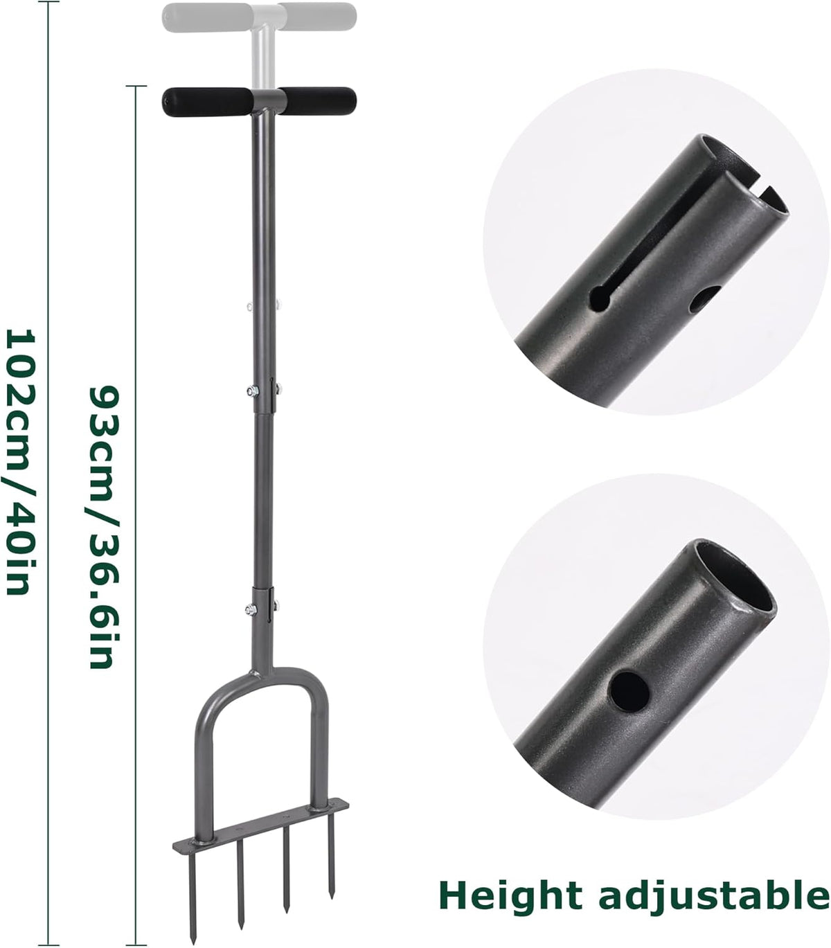 Manual Lawn Aerator for Compacted Soil Aerating - Height Adjustable Handheld Spike Aerator with 4 Steel Tines