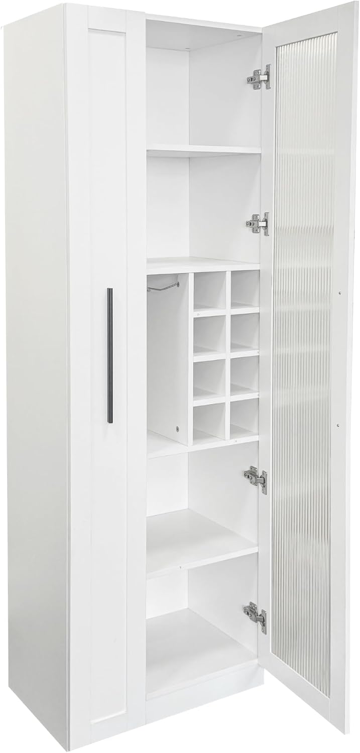 Kitchen Pantry Cabinet with 5-Tier Slim Mobile Shelving Cart, Narrow Pull-Out Utility Cart, Space Saving Storage Organizer Cabinet with Glass Door Wine Racks Cup Holder, Corner Pantry, Home Bar, White