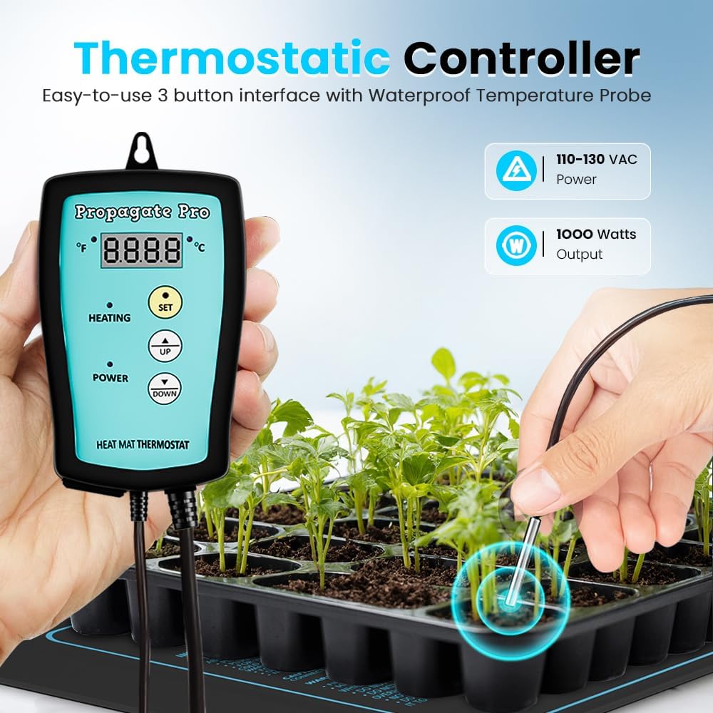 Seedling Heating Mat | Fits (1) Standard 1020 Tray | Germination Grow Heat Pad for Seed & Starter Plants Soil Warmer for Indoor Home Gardening (10x20 Double + Heating Thermostat)