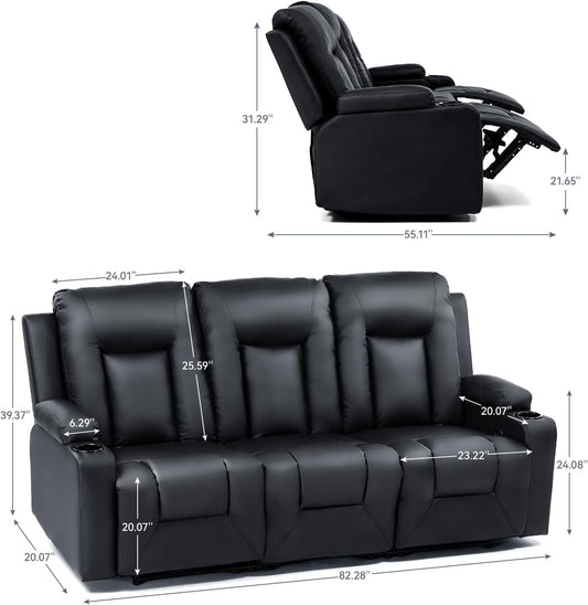LUCKLIFE Faux Leather Recliner Sofa Set,Manual Living Room Furniture Sets | 3 Seat Reclining Sofa Couch and Loveseat with Cup Holders for Meeting Room,3+2