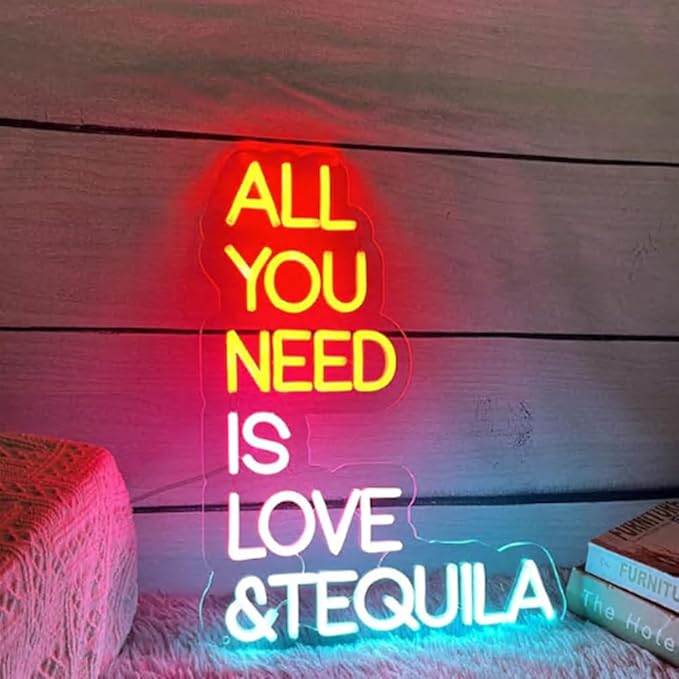 All You Need Is Love & Tequila Neon Sign, Custom Bar Neon Light Home Bar Cocktail Wall Decor Quote Tequila Alcohol Sign USB Size:14x10inch