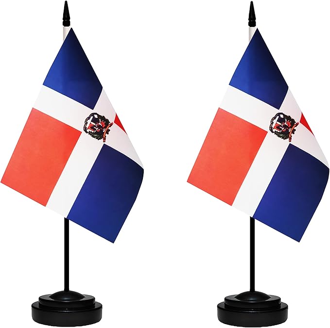 Dominica Dominican Deluxe Desk Flag Set Small Mini Miniature Dominica Dominican Table Desktop Flags With Solid Pole, Black Base and Spear Top(2 Pack)