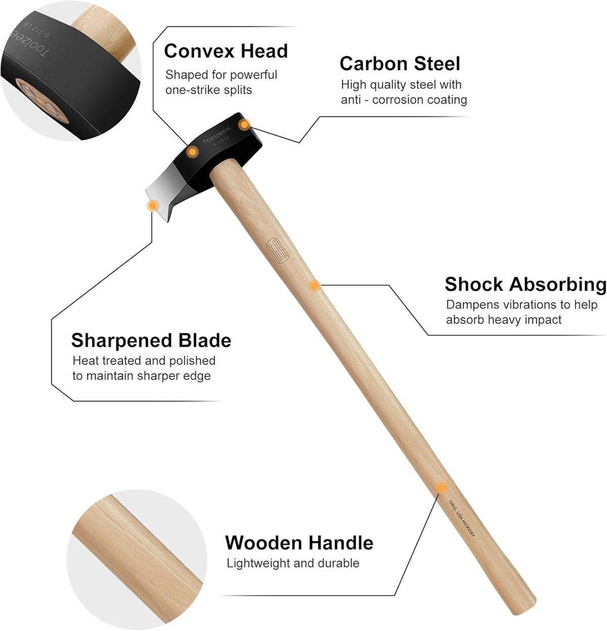 Splitting Maul- Wood Splitter Maul 6 1/2 lbs Head- Heavy Duty Wood Splitter Axe with 36" ergonomics Hickory Handle for Hardwood,Campfires,Firewood(36inch Splitting Maul)
