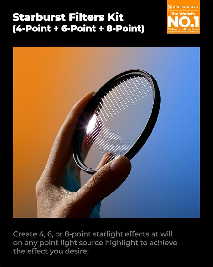K&F CONCEPT 58mm Star Filters Kit (3pcs) 4 Points 6 Points 8 Points Cross Screen Starburst Filters Set -18 Layer Coating Ultra Slim Optical Glass Camera Lens Filter with 3 Cleaning Cloth