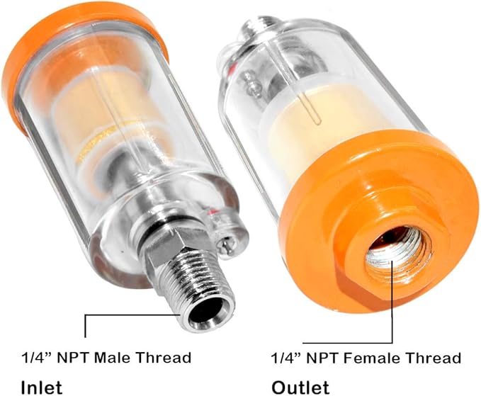 beduan Water Oil Separator Filter, 1/4" NPT Male and Female Thread Spray Gun Filters Air Compressor Fitting Compressed Orange(Pack of 2)