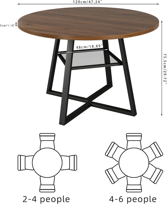 47 Inch Round Dining Table for 4-6, Space Saving Circle Kitchen Table with Storage, Mid Century Modern Dinner Table with Metal Legs, Wooden Farmhouse Dining Room Table for Living Room, Walnut