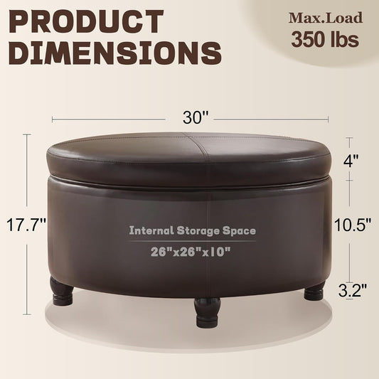 30-Inch Round Ottoman, Leather Ottoman with Storage (Brown)