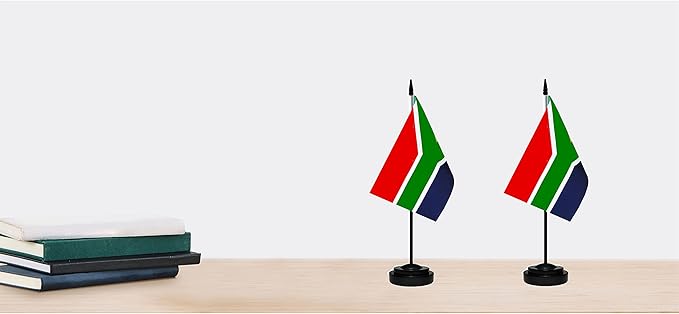 South Africa South African Deluxe Desk Flag Set Small Mini Miniature South Africa South African Table Desktop Flags With Solid Pole, Black Base and Spear Top(2 Pack)