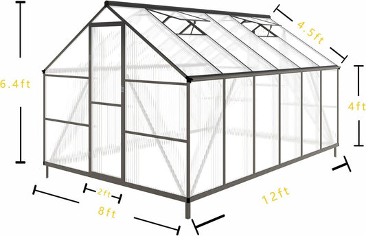 CQZY 8x12 FT Greenhouse for Outdoors, Polycarbonate Greenhouse with Quick Setup Structure and Roof Vent, Aluminum Large Walk-in Green House for Outside Garden Backyard, Dark Gray
