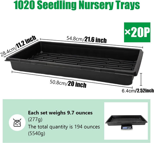 20 Pack 1020 Trays, No Drain Holes, 20" x 10", Extra Thick Heavy Duty Seed Starting Trays -Reusable Propagation Flats for Microgreens, Seedlings, Plant Germination, Fodder and Transplant