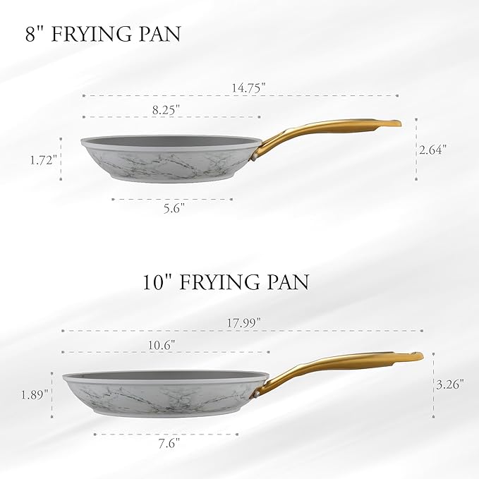 Frying Pan Nonstick Set 2 Piece, 8&10 Inch Skillet Easy to Clean, Kitchen Fry Pan without PTFE & PFOA, Compatible with All Stovetops, Lightweight and Durable, Marble White