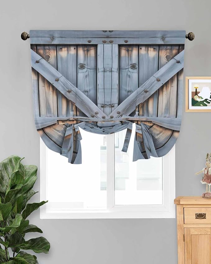 Tie Up Curtains for Windows, Farmhouse Wood Grain Adjustable Balloon Nature Linen Textured Kitchen Curtain, Vintage Country Barn Gate Textured Tie Up Blackout Curtains for Bedroom, 52 x 63 Inches