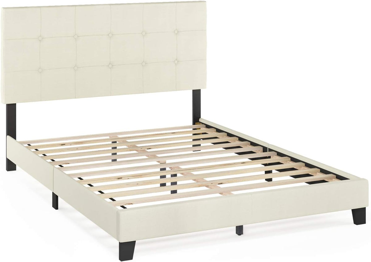 Furinno Laval Button Tufted Upholstered Platform Bed Frame, Queen, Linen