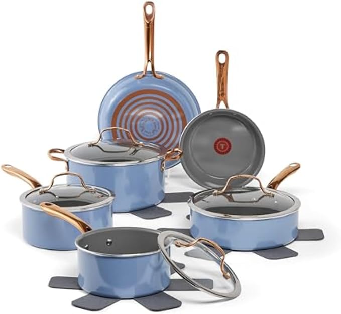 T-fal Preserve Ceramic, Non stick Cookware Set 13-Piece, Made without PFOA and PTFE, Oven & Broiler Safe up to 350°F, Includes Stockpot, Saucepans, Frying Pans, Protectors, Pots and Pans, Blue