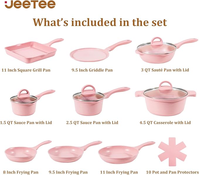 JEETEE Pink Pots and Pans Set Nonstick 23pcs, Healthy Kitchen Cookware Sets, Induction Cooking Set Pink Frying Pans, Saucepans, Sauté & Griddle & Crepe Pan (PFOA Free)