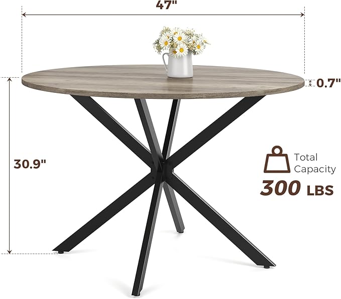 Unovivy 47" Round Dining Table for 4-6, Space Saving Circle Kitchen Dinner Table, Industrial Mid Century Modern Dining Room Desk for Kitchen, Apartment, Light Ivory