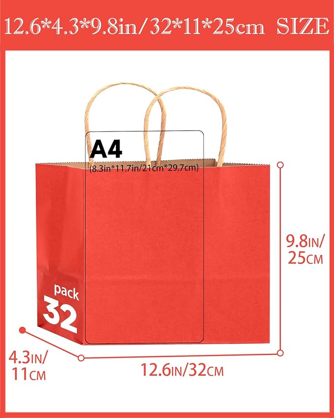 qiqee 100PCS Large Gift Bag with Handles Bulk 13"x4.5"x10" Gift Bags Kraft Red Multiple Uses (32x11x25cm,Wide Large)