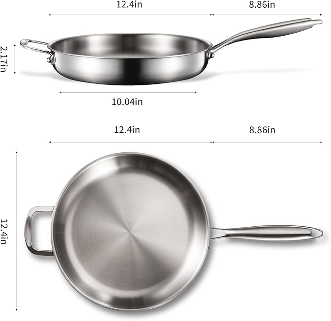 12-Inch Tri-Ply Stainless Steel Pan, PFOA and PTFE-Free Skillet Griddle, Stainless Steel Pan Set with Lid for the Kitchen, Induction-Compatible Cookware Sets, Dishwasher and Oven Safe