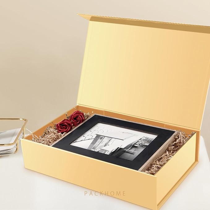 PACKHOME Extra Large Gift Box 17.5x11.3x4.3 Inches, Sturdy Shirt Box with Magnetic Lid for Clothes and Large Gifts (Glossy Gold)