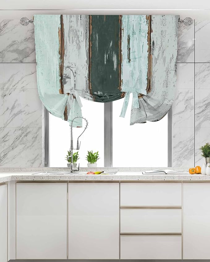 Tie Up Curtains for Windows, Blue Teal Adjustable Balloon Nature Linen Textured Kitchen Curtain, Vintage Wooden Retro Art Farmhouse Barns Decorative Tie Up Curtain for Window, 52" x 45"