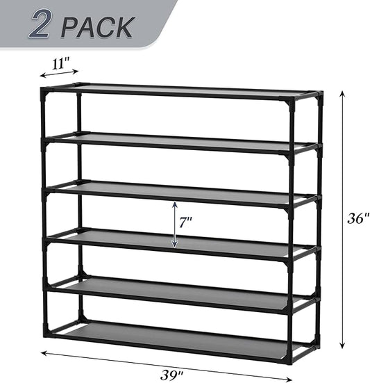 TY ARTS & CULTURE 2 Pack 6-Tiers Shoe Rack Organizer, Sturdy Metal Pipes & Durable Non-Woven Fabric, Space Saving Tall Shoe Shelf Hold 48-60airs, Shoe Rack for Entryway (Black)