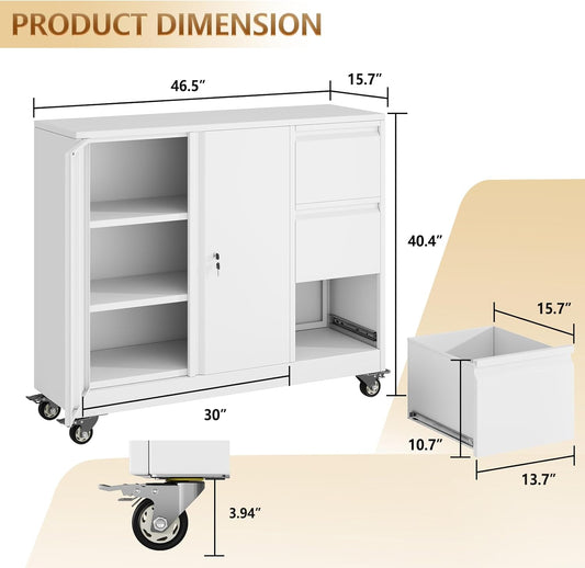 47" Rolling File Storage Locker Cabinet with 3-Drawer,Office Storage Cabinet with Adjustable Shelf & Universal Wheels, Mobile Printer Stand for Home Office, Living Dining Room,White