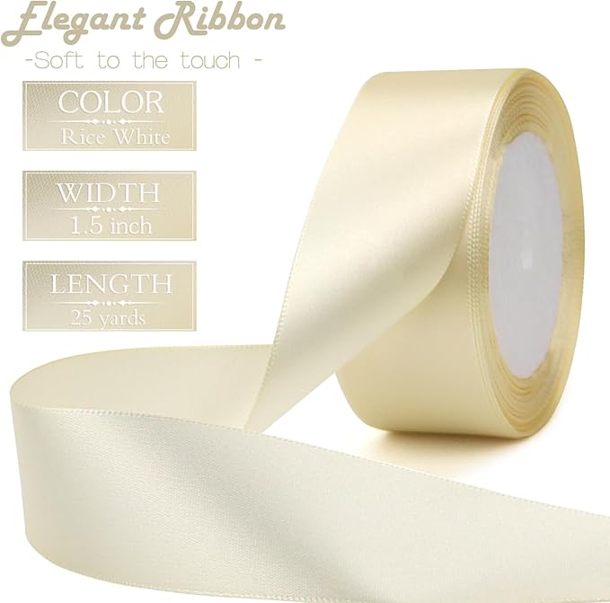 Rice White Solid Satin Ribbon 1-1/2 Inch 25 Yards Solid Polyester Fabric Ribbon for Gift Wrapping Wedding Christmas Baby Shower Birthday Party Decoration Handmade Immortal Flower Craft