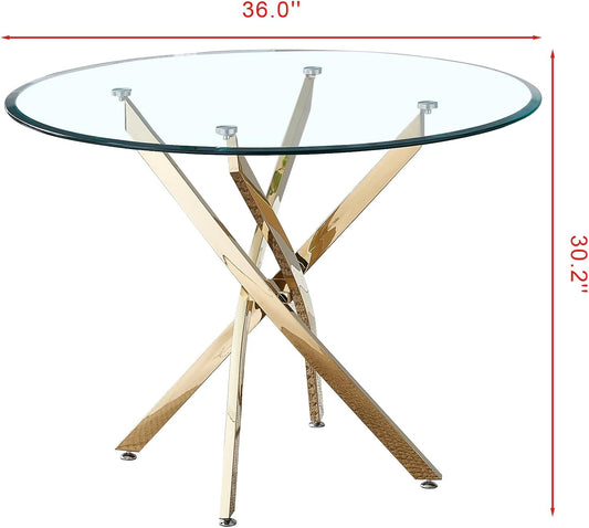 36" Glass Dining Table for 2-4, Modern Dining Room Table with 0.39" Tempered Glass Top and Cross X-Shaped Gold Stainless Steel Base, Round Kitchen Dinner Table for Dining Room