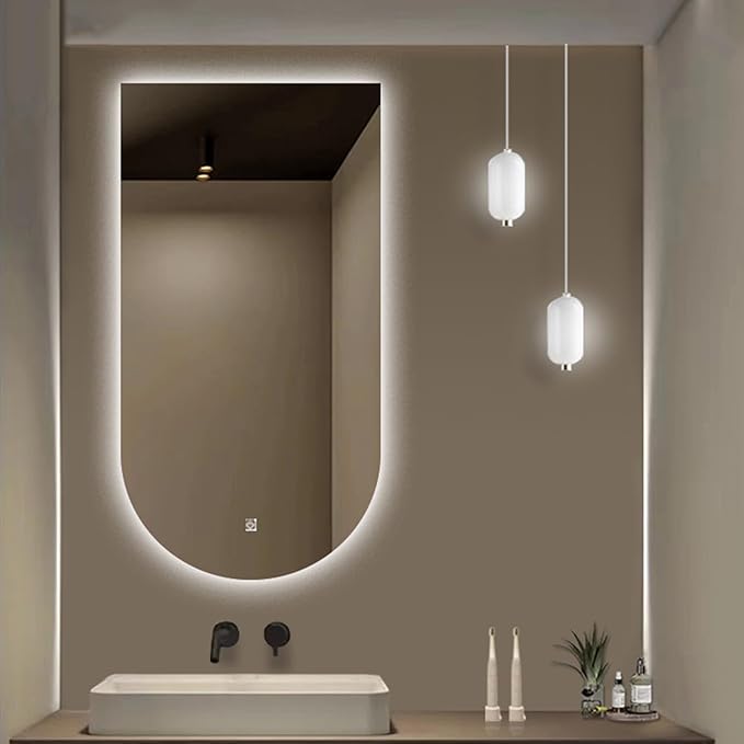 Wall Mirror Arched Bathroom Mirrors, 3-Color Lighted Bathroom Makeup Mounted Mirror, with Demister Pad, Dimming Function for Bathroom Living Room Bedroom Entryway(19.6"x39.3"/50x100cm)