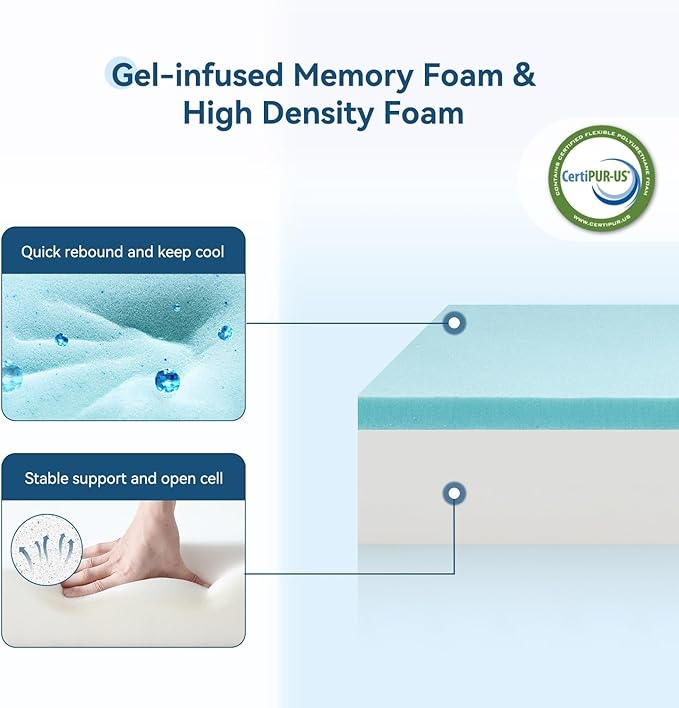 ONENICE 5 Inch Twin XL Mattress in a Box, Extra Long Twin Breathable Gel-Memory Foam Plus Removable Pillowtop Mattress for Pressure Relief, CertiPUR-US Certified Bed in a Box, Fiberglass-Free