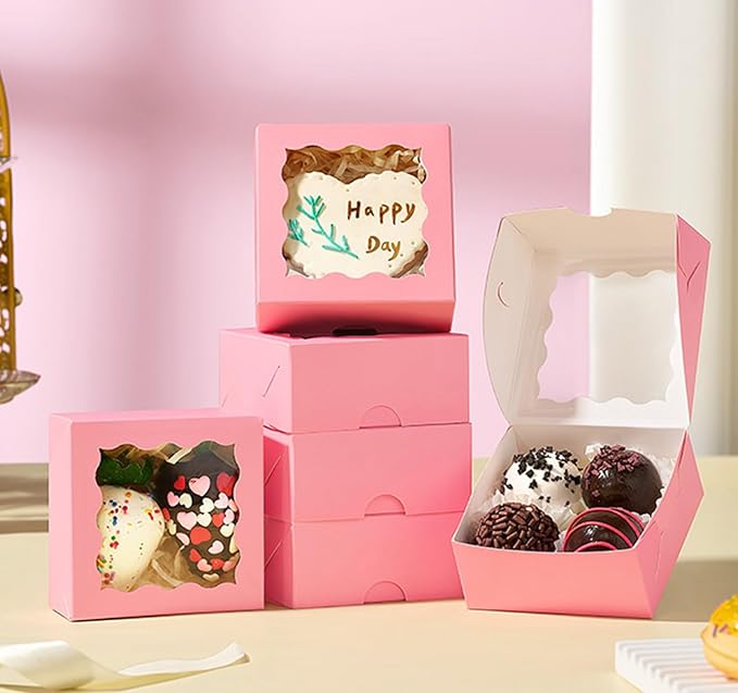 RomanticBaking 3 ¼" x 3 ¼" x 1 ½" 100PCS Chocolate Truffle Boxes for 4,Cookies Boxes Soap Boxes Donut Boxes Macaron Boxes Mini Bakery Boxes with Window Brownie Box