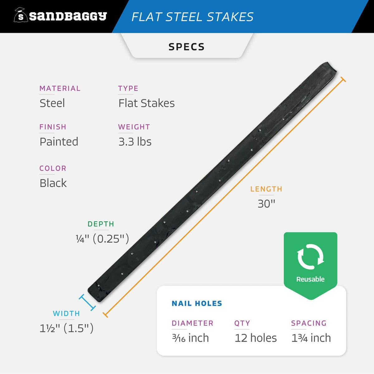 Sandbaggy Flat Steel Stakes for Concrete Forms with Nail Holes - 1.5" Wide - Painted - Removable, Reusable, V Point End - Construction Grade Stakes (5, 30 inch)