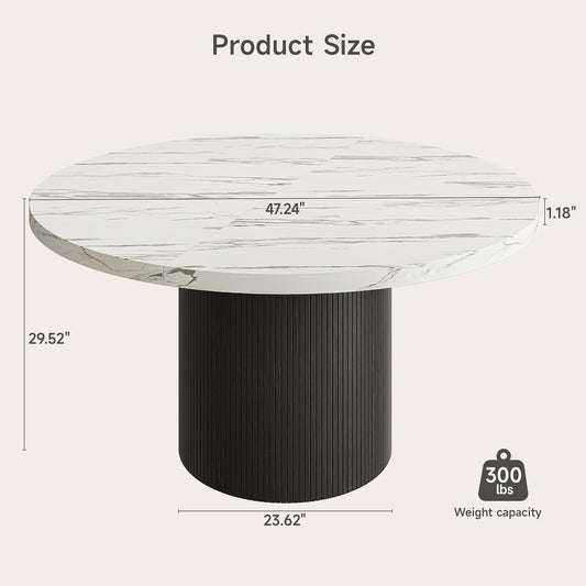 47 Inch Round Dining Table for 4, Circle Kitchen Table with Wood Strip Base, Modern Farmhouse Dinner Tables for Kitchen, Living Room (Marble Texture)
