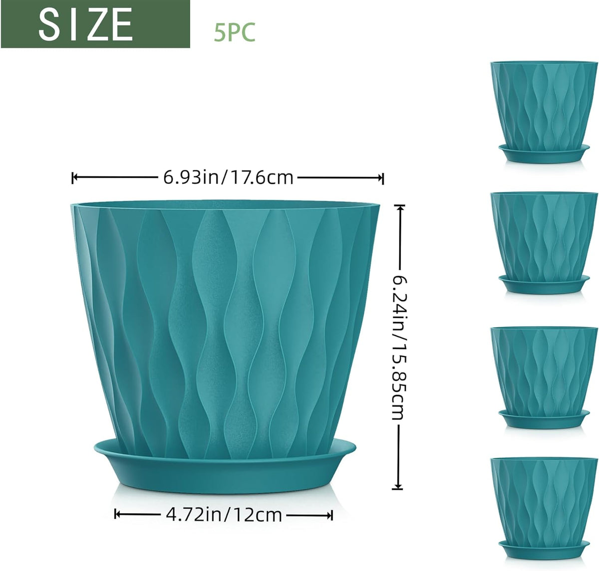 7 Inch Plant Pots 5 Pack, Flower Planters with Drainage Holes and Trays,Plastic Pots for Indoor Outdoor Plants,Green