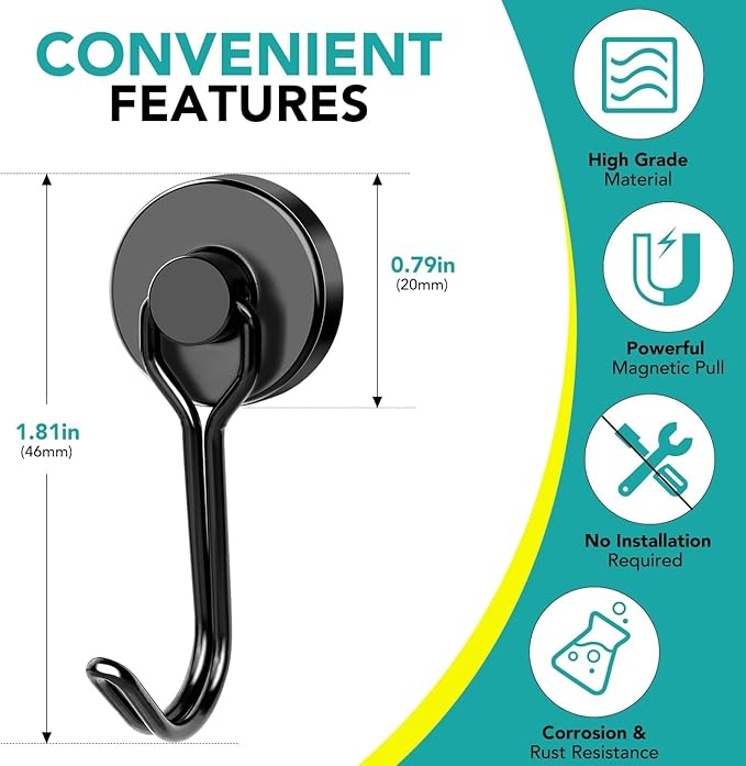 DIYMAG Black Magnetic Hooks, 40LBS Strong Magnetic Hooks Heavy Duty, Strong Magnet Hooks with Metal Hanger for Hanging Refrigerator Home Kitchen Office, 16Pack