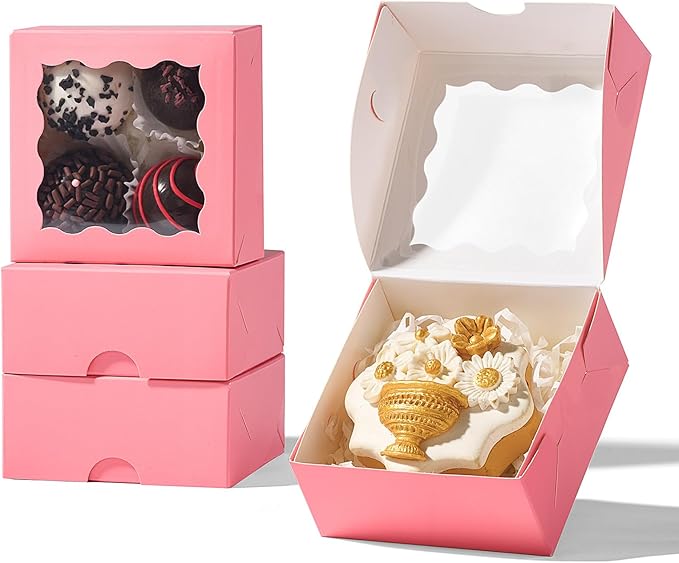 RomanticBaking 3 ¼" x 3 ¼" x 1 ½" 100PCS Chocolate Truffle Boxes for 4,Cookies Boxes Soap Boxes Donut Boxes Macaron Boxes Mini Bakery Boxes with Window Brownie Box