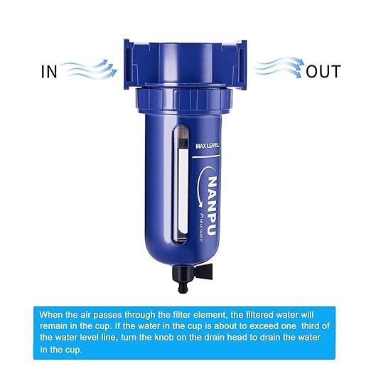 NANPU 3/8" NPT Compressed Air Filter, Zinc Alloy, 5 Micron Brass Element, Quick Release Bowl, Manual Drain, for Air Compressor & Pneumatic Tools