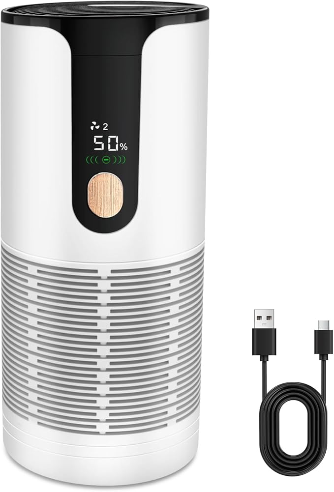Mini Car Air Purifier-True HEPA Portable Small Air Purifier with LCD Display,15dB Quiet,USB-C Charging,Filters Smoke/Dust/Pet Dander in Car/Office/Desk/Travel(White)
