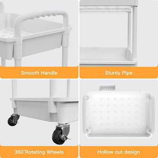 3 Tier Rolling Utility Cart with Handle,REBECAT Utility Cart Made of Multifunctional Storage Organizer Tool for Kitchen,Bathroom,Living Room,Office(White)