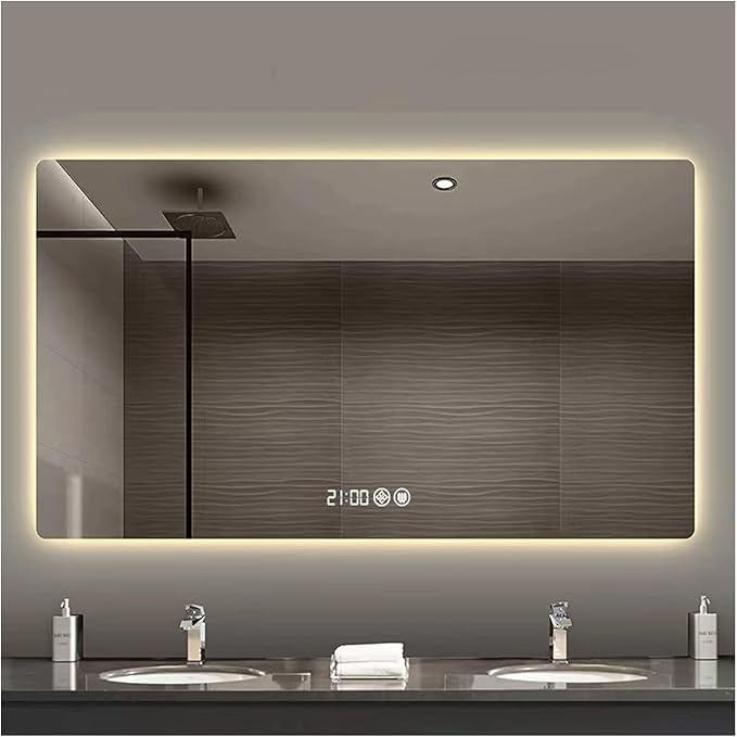 Bathroom Mirror with LED Lights,LED Bathroom Mirror,Smart Lighted Bathroom Mirror for Wall,Energy-Saving LED Smart Mirrors,with Demister Pad,Three-Color Light(H70*W90cm/H27.6*W35.4IN)