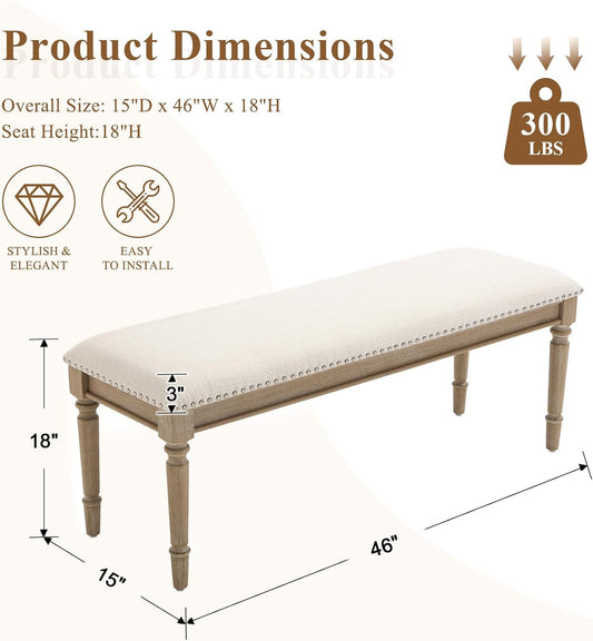 46'' French Country Entryway Bench Wooden Linen Fabric Upholstered Seat Dinng Bench with Nailhead Trim for Hallway End of Bed, Beige