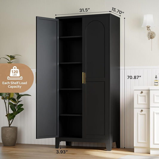 Zevemomo 70.87" H Metal Kitchen Pantry Cabinet, Freestanding Cupboard with 2 Doors and 4 Adjustable Shelves, Tall Metal Storage Cabinet for Kitchen, Bathroom, Dinning Room or Laundry Room (Black)