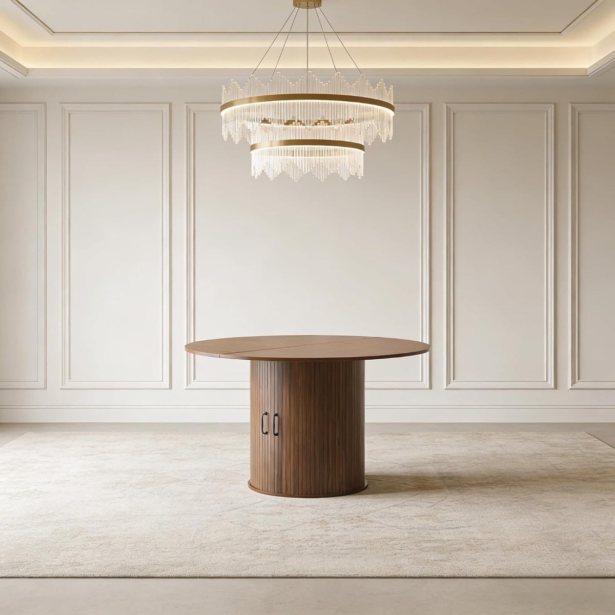Round Dining Table with Storage Cabinet, Wood Kitchen Table with Double Doors & 2-Tier Storage Shelves, Cylindrical Pedestal Table for Small Spaces, Living Room, Seat for 4-6 People, Walnut