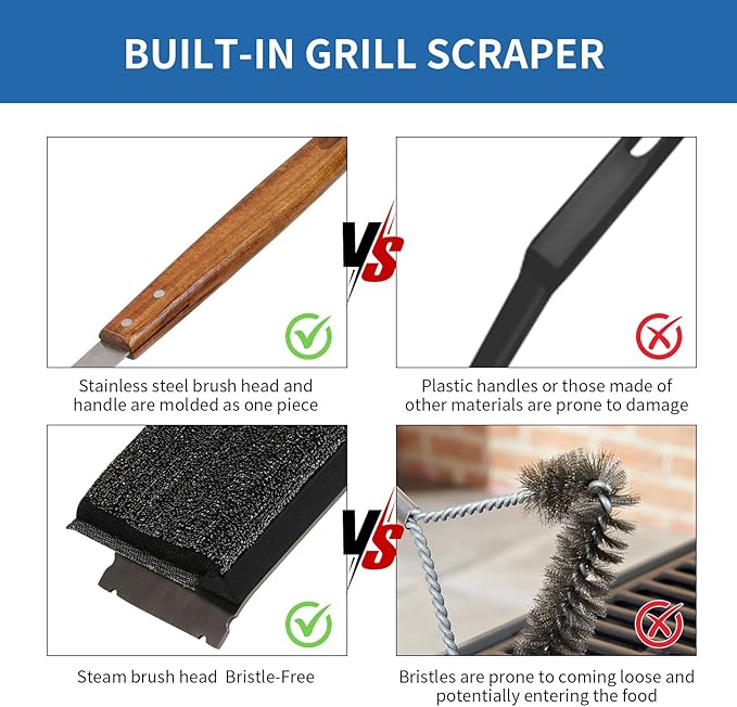 Bristle-Free Steam Grill Brush with 1 Replaceable Heads & Wood Handle - Heat-Resistant, Safe for All Grills (Cast Iron, Stainless Steel, Gas, Charcoal) - Cleaning Tool Grill Master Gift