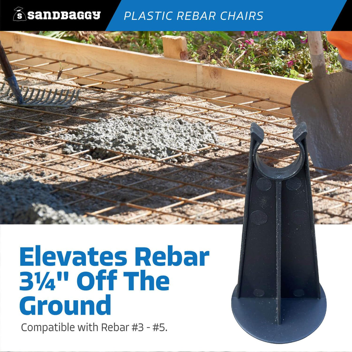 Sandbaggy Rebar Plastic Chair | Fits Rebar #3 to #5 | Heavy Duty Construction - Preferred Choice for Concrete Contractors | Saves Money & Labor Compared w/Dobie Bricks (Pack of 25, 3-1/4 Inch Length)