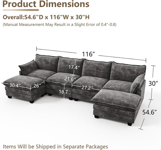 Modular Sectional Couch for Living Room, U Shaped Comfy Sofa | Comfortable Foam Cushions, Sturdy Frame, Appealing Look, Easy Assembly, Soft Chenille Fabric, Movable Ottoman, Dark Gray